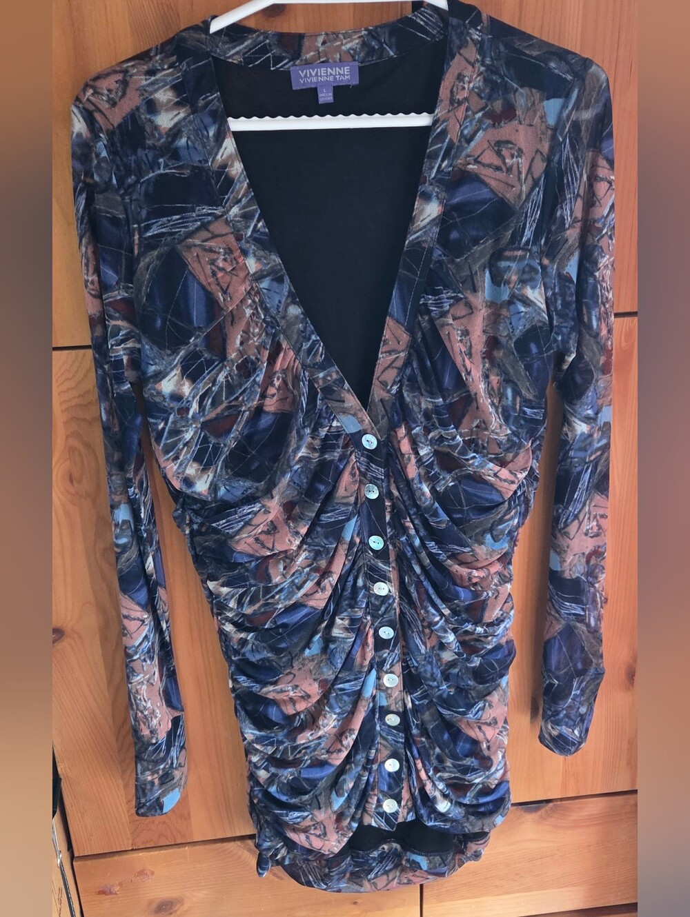 Vivienne Tam Blue & Peach Ruched Mesh Button Front Mini Dress Size Large